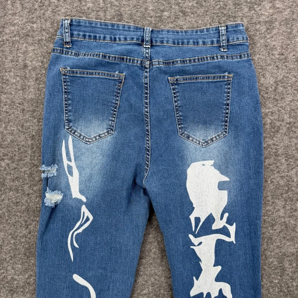 Womens Blue Abstract Graphic Print Distressed Straight Leg High Rise Jeans 30